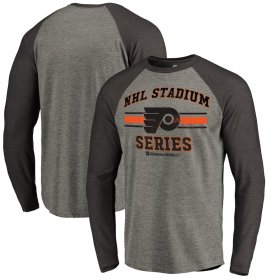 Wholesale Cheap Men\'s Philadelphia Flyers Heather Gray Black 2019 Stadium Series Vintage Raglan Long Sleeve T-Shirt