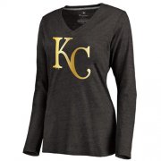 Wholesale Cheap Women's Kansas City Royals Gold Collection Long Sleeve V-Neck Tri-Blend T-Shirt Black