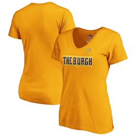 Wholesale Cheap Pittsburgh Pirates Majestic Women\'s 2019 MLB Little League Classic V-Neck T-Shirt Gold