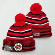 Cheap 49ers Team Logo Red 100th Season Pom Knit Hat YD